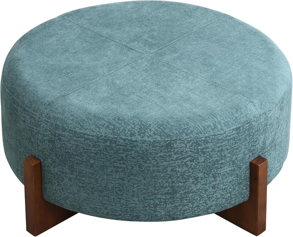 Christopher Knight Home Holmes Modern Chenille Upholstered Ottoman Coffee Table, Wooden Round Cocktail Ottoman, Large Living Room Sofa Footstool/Footrest, Teal Blue+Walnut