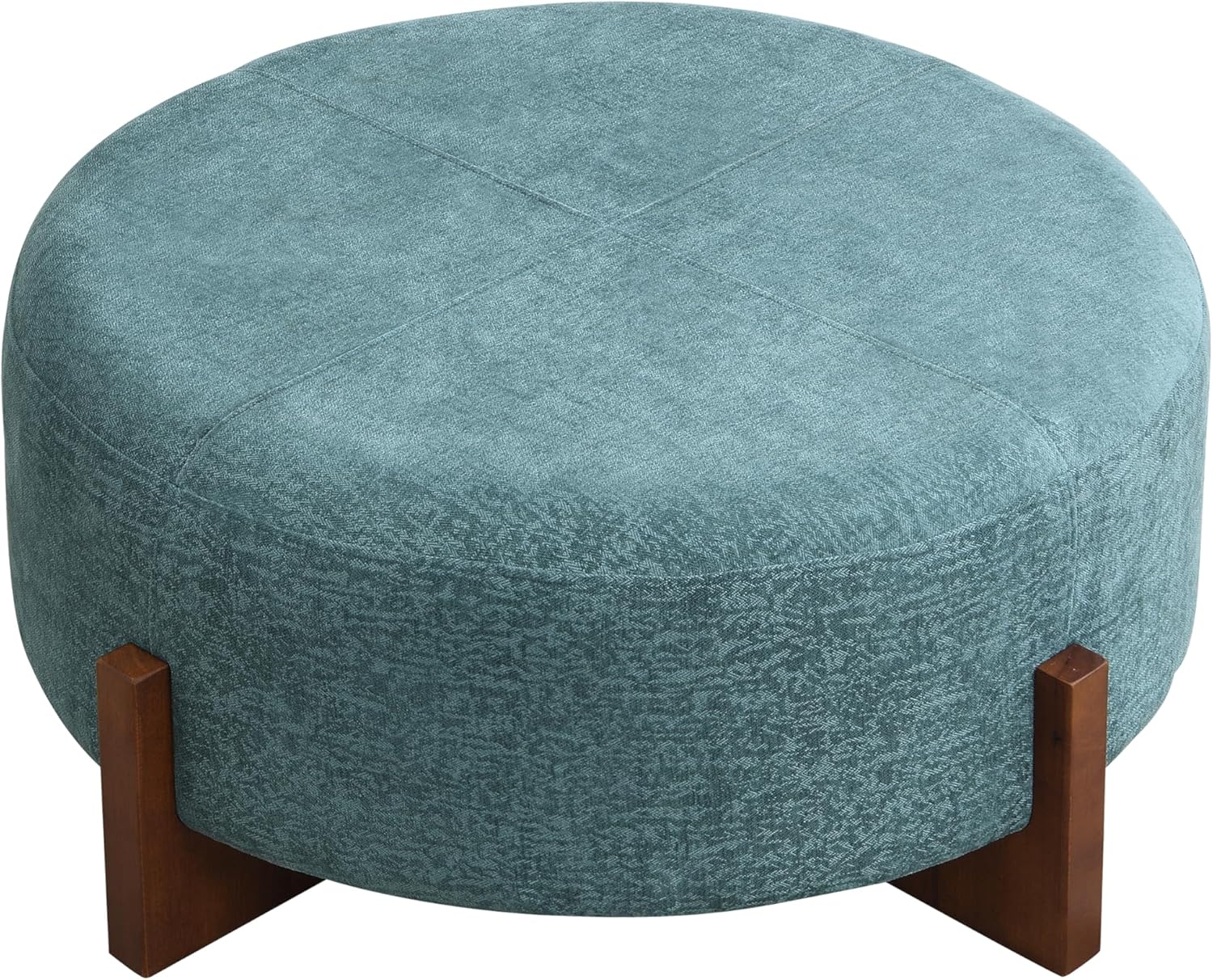 Christopher Knight Home Holmes Modern Chenille Upholstered Ottoman Coffee Table, Wooden Round Cocktail Ottoman, Large Living Room Sofa Footstool/Footrest, Teal Blue+Walnut