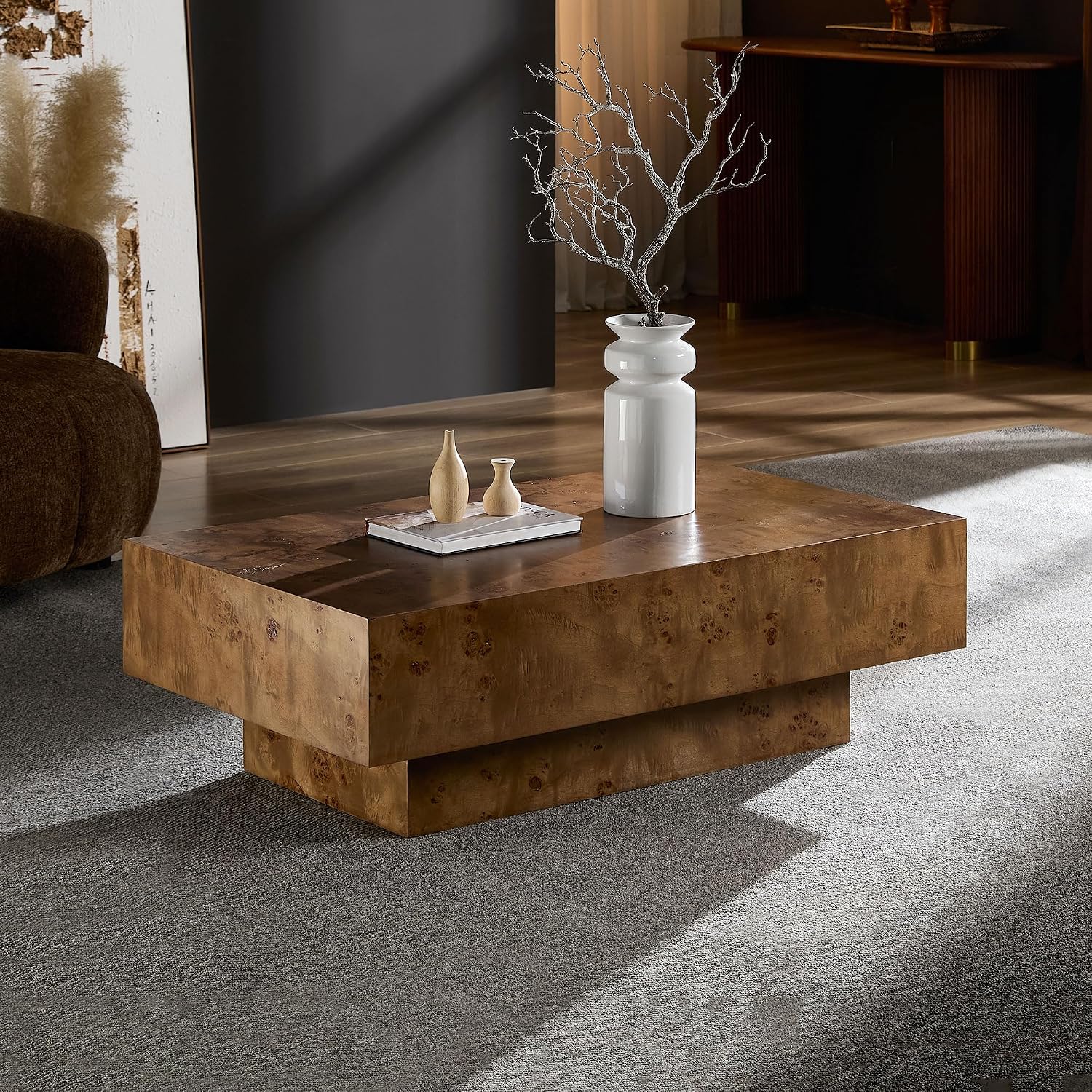WILLIAMSPACE 43.31' Rectangle Coffee Table with Burl Wood Veneer & Sturdy Base, Modern Luxury Wood Drum Center Table Accent Side End Table for Living Room Apartment, Walnut