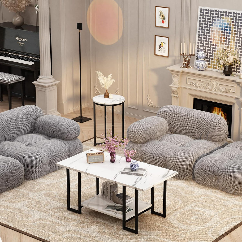 AWQM Coffee Table Set of 3, Faux Marble Coffee Table with 2 Round End Side Tables, Modern Living Room Table Set with Metal Frame for Apartment Home Office，White&Black