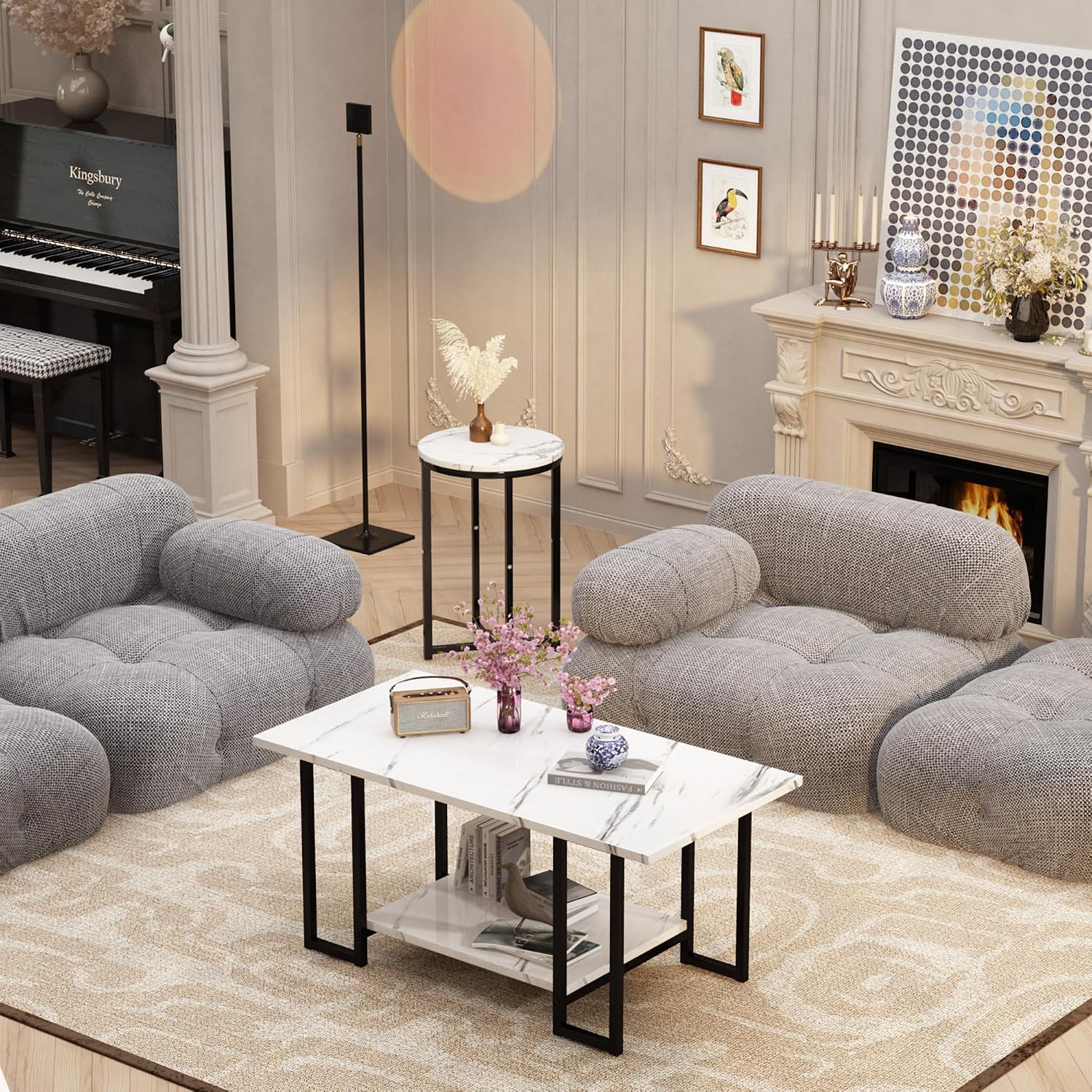 AWQM Coffee Table Set of 3, Faux Marble Coffee Table with 2 Round End Side Tables, Modern Living Room Table Set with Metal Frame for Apartment Home Office，White&Black