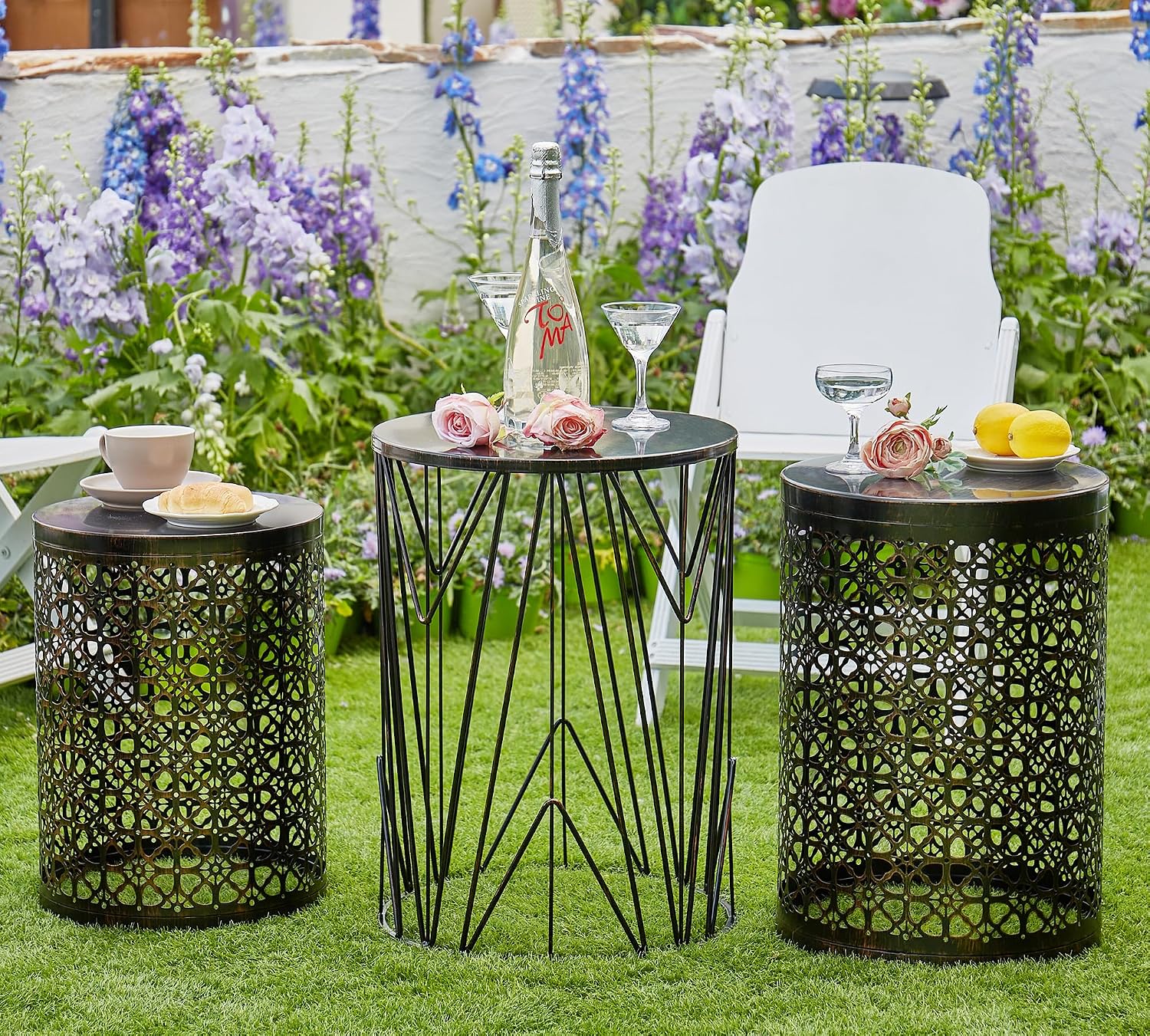 HFHOME Set of 3 Heavy-Duty Round End Table, Side Table, Coffee Table for Indoor Multifunctional Use, Outdoor Decorative Garden Stool Plant Stand-Bronze
