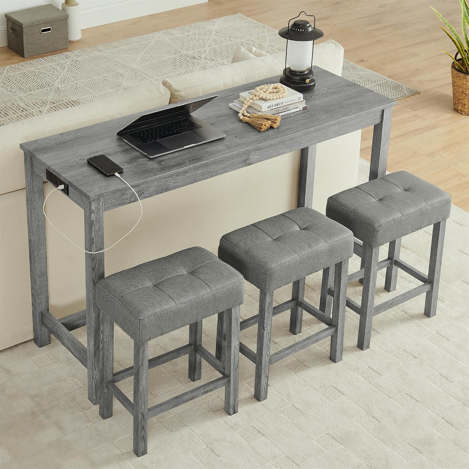 Merax 59' Bar Table Set with Power Outlet,Industrial Breakfast Table with 3 Upholstered Stools w/Footrest,4 Piece Counter Height Bar Table and Chair Set for Living Room,Dining Room,Kitchen,Grey