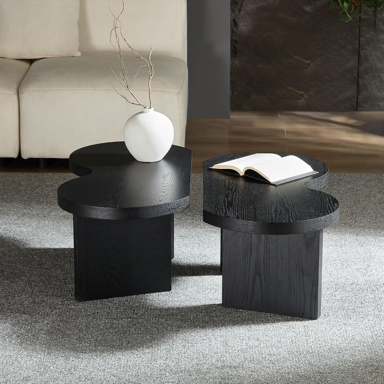 Modern Nesting Coffee Table Set of 2, Natural Wooden Coffee Table for Living Room, Small Center Table End Table Sets with Rustic Wood Grain for Bedroom Office Cafe Black 31.5' W x13.77 H