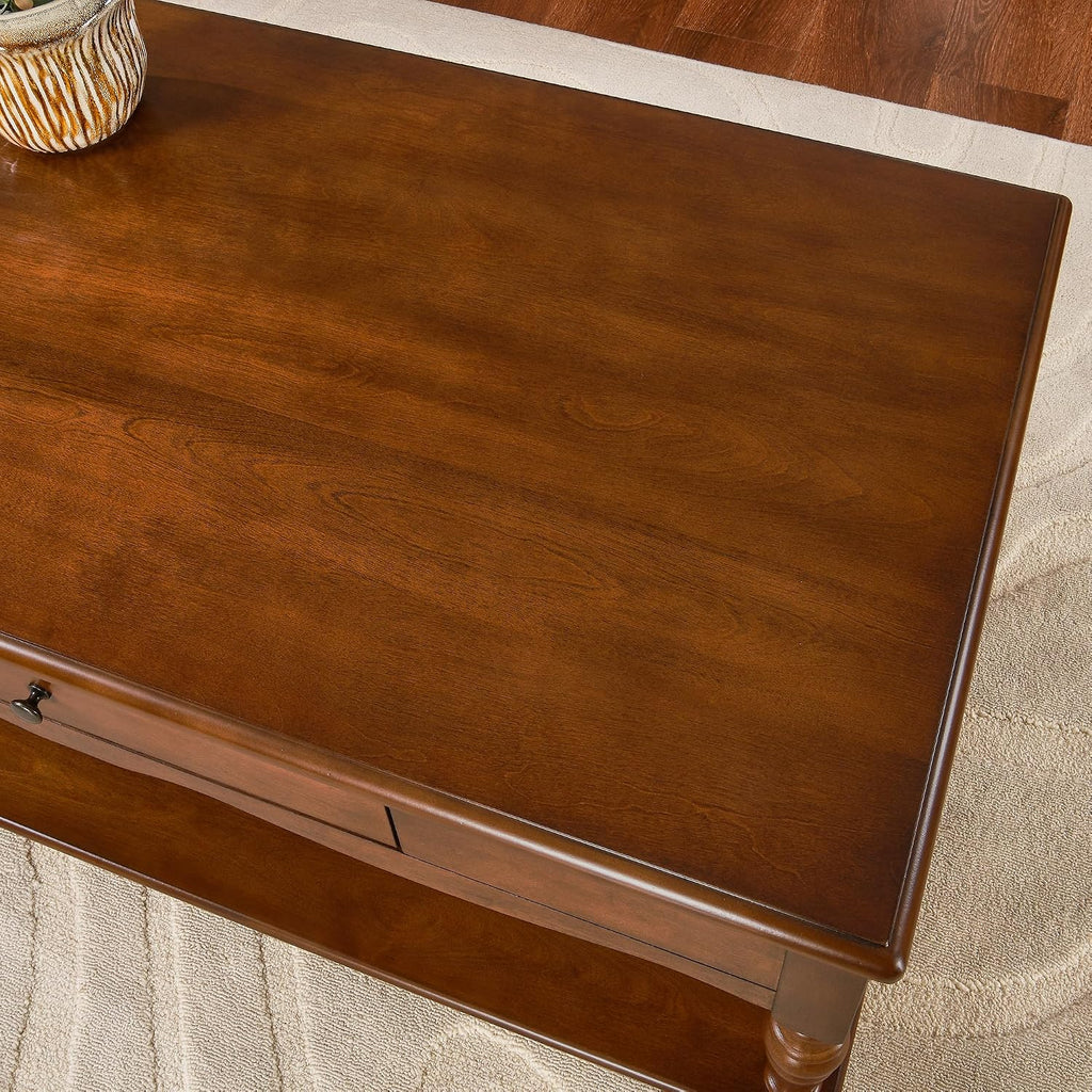 Rectangular Coffee Table with 2 Storage Drawers, Mid-century Solid Wood Living Room Table with Carved Leg, Elegant Vintage Center Table, No-Tools Assembly, 43.3'L x 23.6'W x 18'H Caramel Brown KFZC008