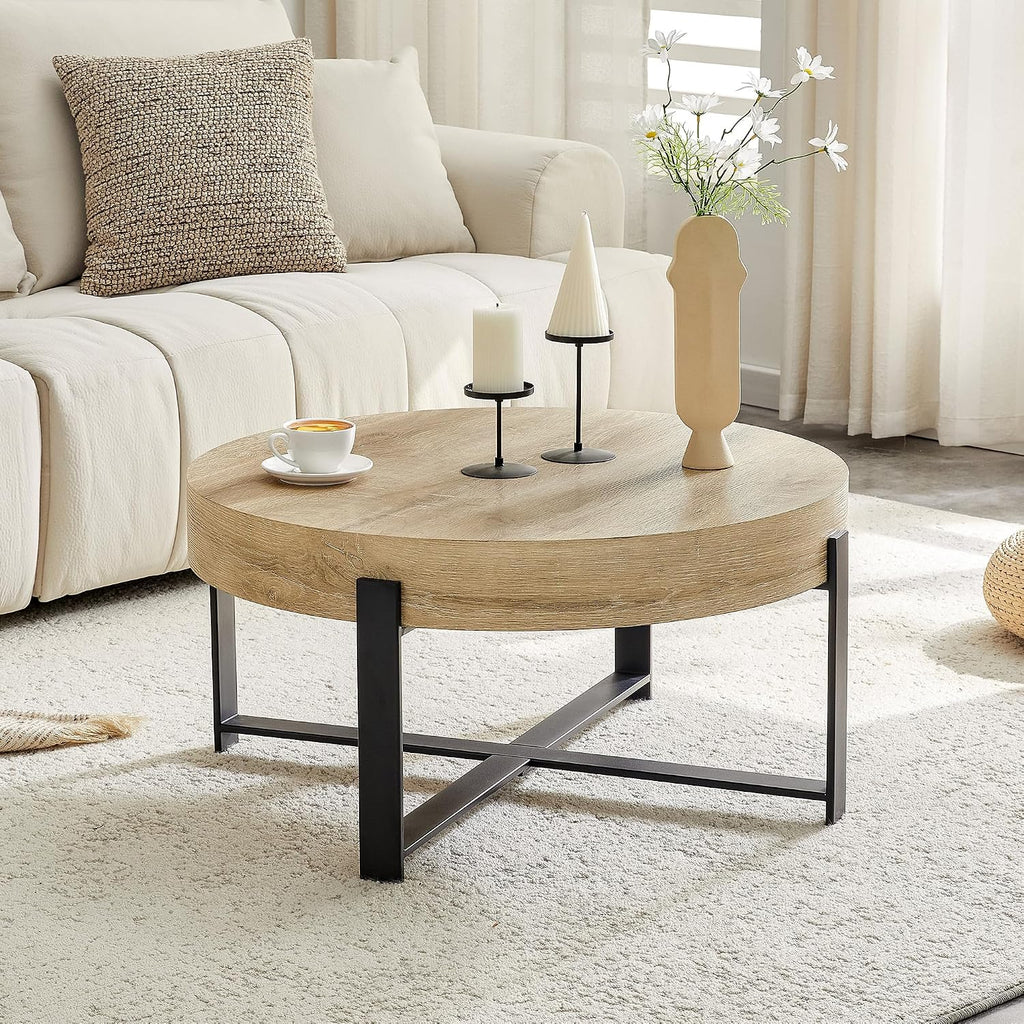 Round Coffee Table, 30.7' Modern Coffee Tables for Living Room, Circular Wooden Center Tea Table with Metal Legs for Apartment Office Small Space, Natural
