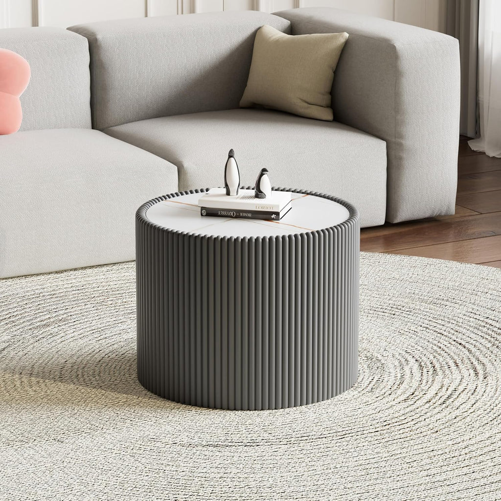 Modern Round Coffee Table Set of 2 Luxury Sintered Stone Top Coffee End Table in White/Grey Leatherette Drum-Shape Small Coffee Side End Tables for Living Room,Fully Assembled