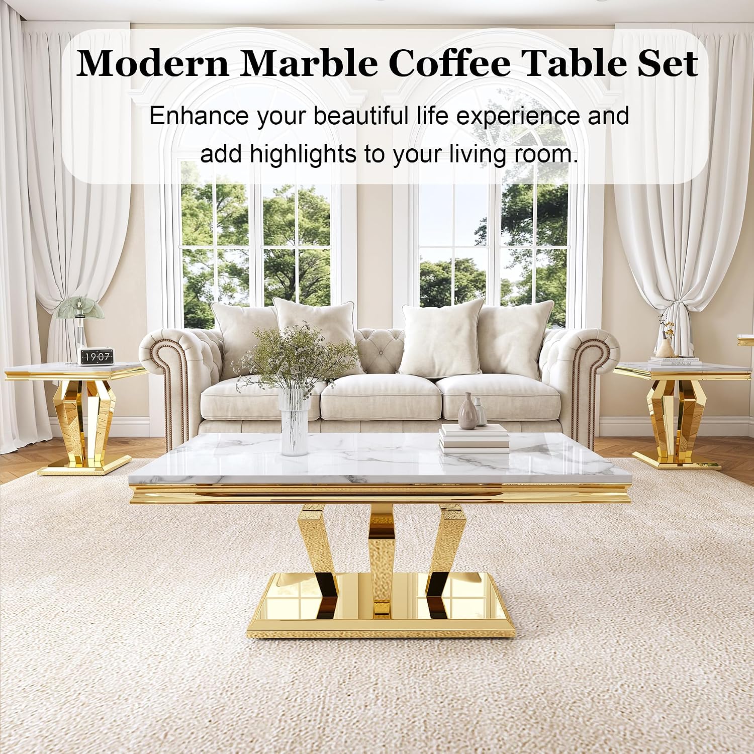 Living Room Coffee Table Set of 3, Modern Marble Coffee Table and 2 End Side Tables, 3-Piece Living Room Table Set with Stainless Steel Base for Living Room (Gold,White)