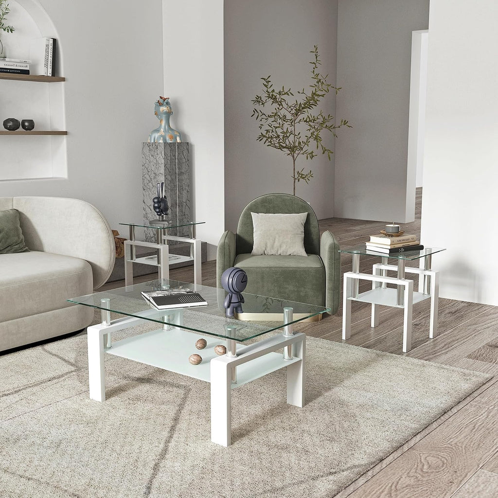 Glass Coffee Table Sets of 3 for Living Room, Mordern End Table Sofa Side Tables with Storage, Black Metal Leg, Rectangle Tempered Center Table Home Furniture Set (White)