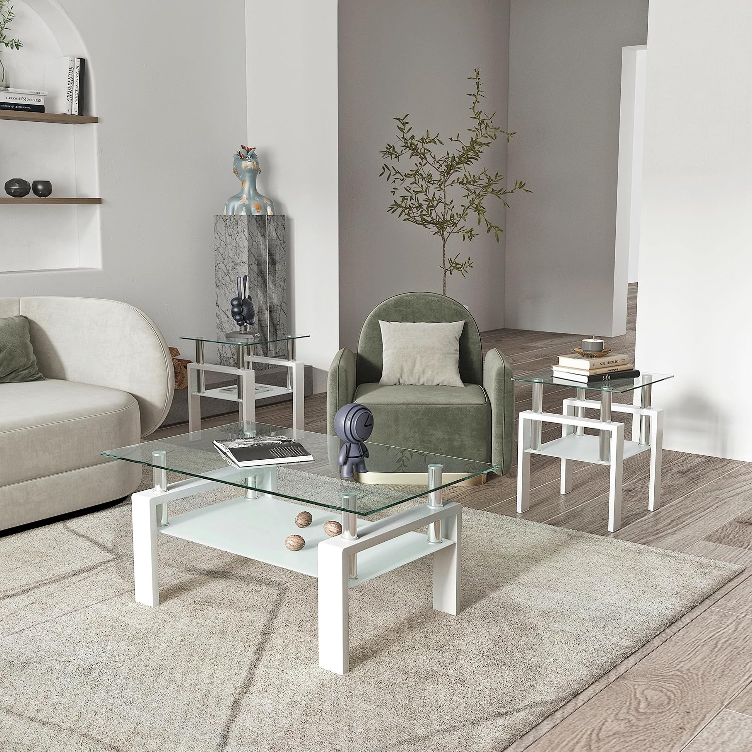 Glass Coffee Table Sets of 3 for Living Room, Mordern End Table Sofa Side Tables with Storage, Black Metal Leg, Rectangle Tempered Center Table Home Furniture Set (White)