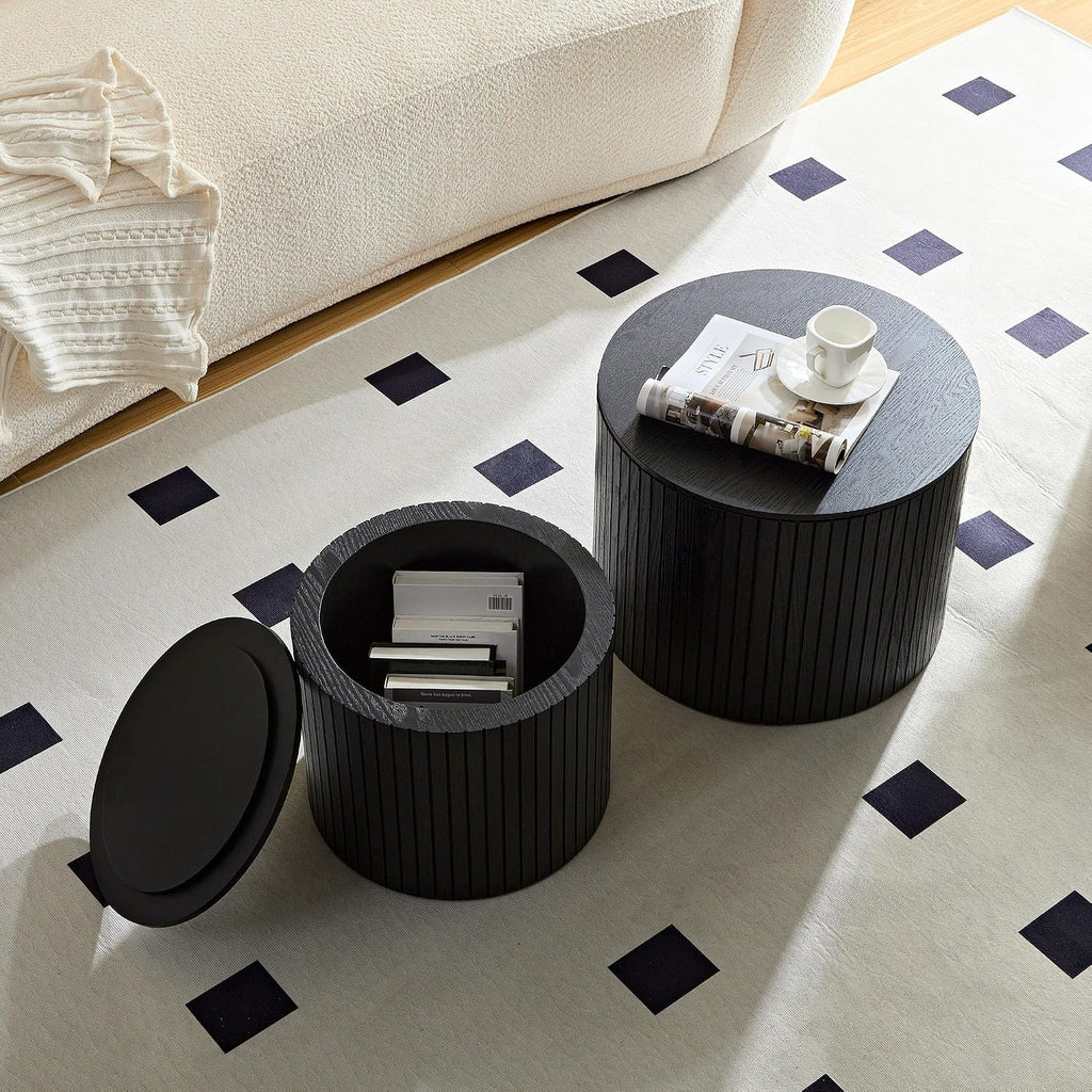 MEETAKING 19Inch Nesting Coffee Table Set of 2,Modern Round Wooden Coffee Tables,Plenty of Storage Space, Natural Wood Veneer,for Small Space Living Room Apartment (Black)