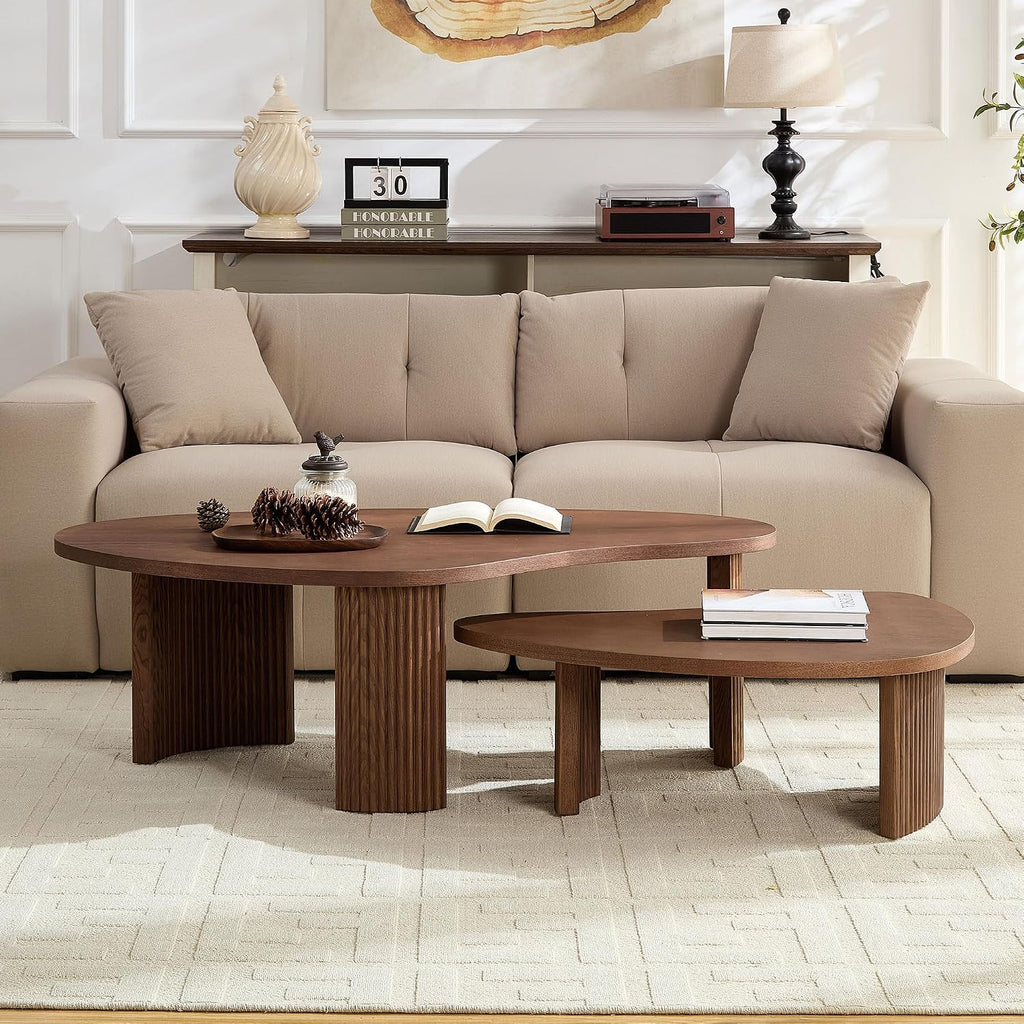 Nesting Coffee Table Set of 2, Modern Irregular Nesting Tables Wooden Center Circle Accent Tea End Side with Fluted Legs for Living Room, Apartment, Office 49.41' W Walnut