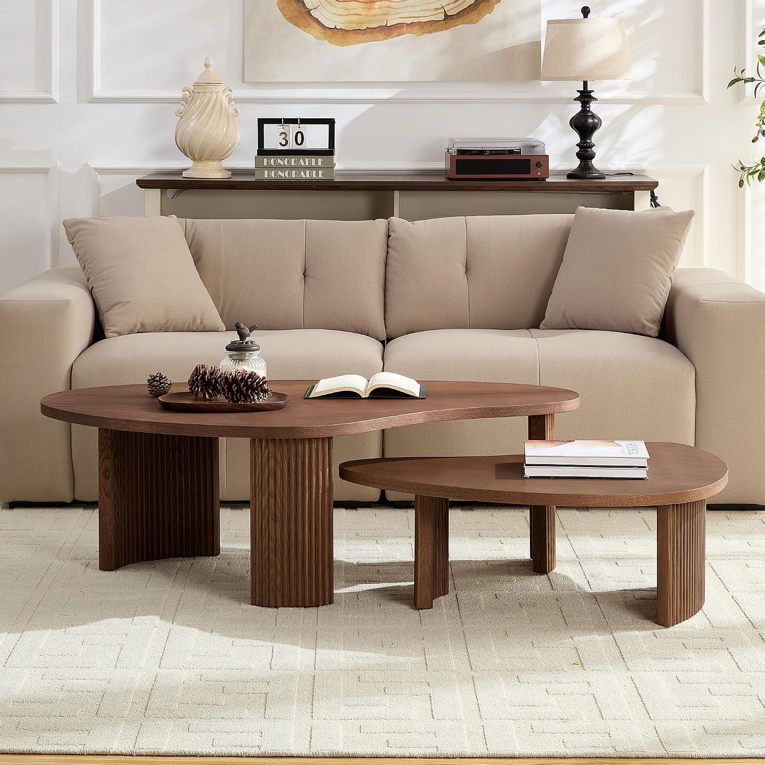 Nesting Coffee Table Set of 2, Modern Irregular Nesting Tables Wooden Center Circle Accent Tea End Side with Fluted Legs for Living Room, Apartment, Office 49.41' W Walnut