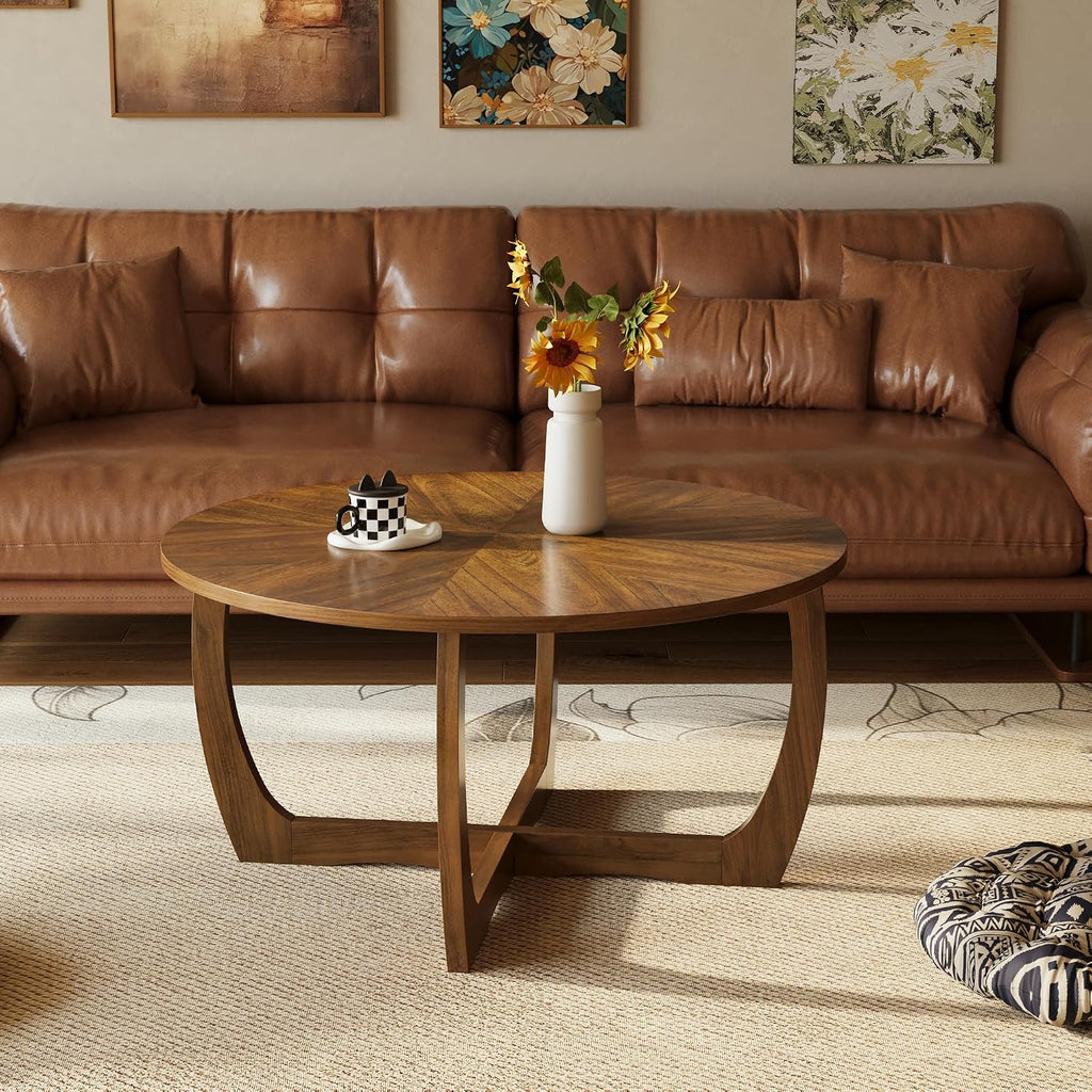 LEEMTORIG Round Wood Coffee Table, Mid Century Modern Round Walnut Coffee Tables for Living Room, 33.5' Dia. Circle Drum Coffee Table with Cross Legs, Easy Assembly, Brown Walnut KFZ-3223