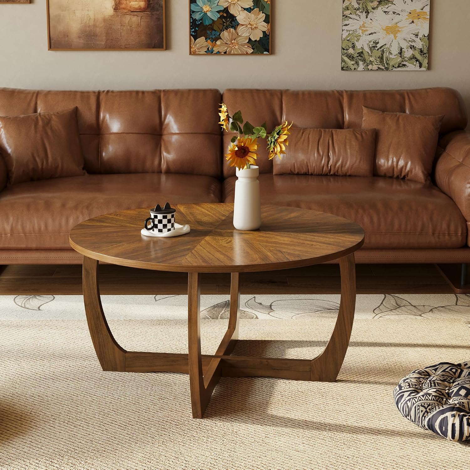 LEEMTORIG Round Wood Coffee Table, Mid Century Modern Round Walnut Coffee Tables for Living Room, 33.5' Dia. Circle Drum Coffee Table with Cross Legs, Easy Assembly, Brown Walnut KFZ-3223