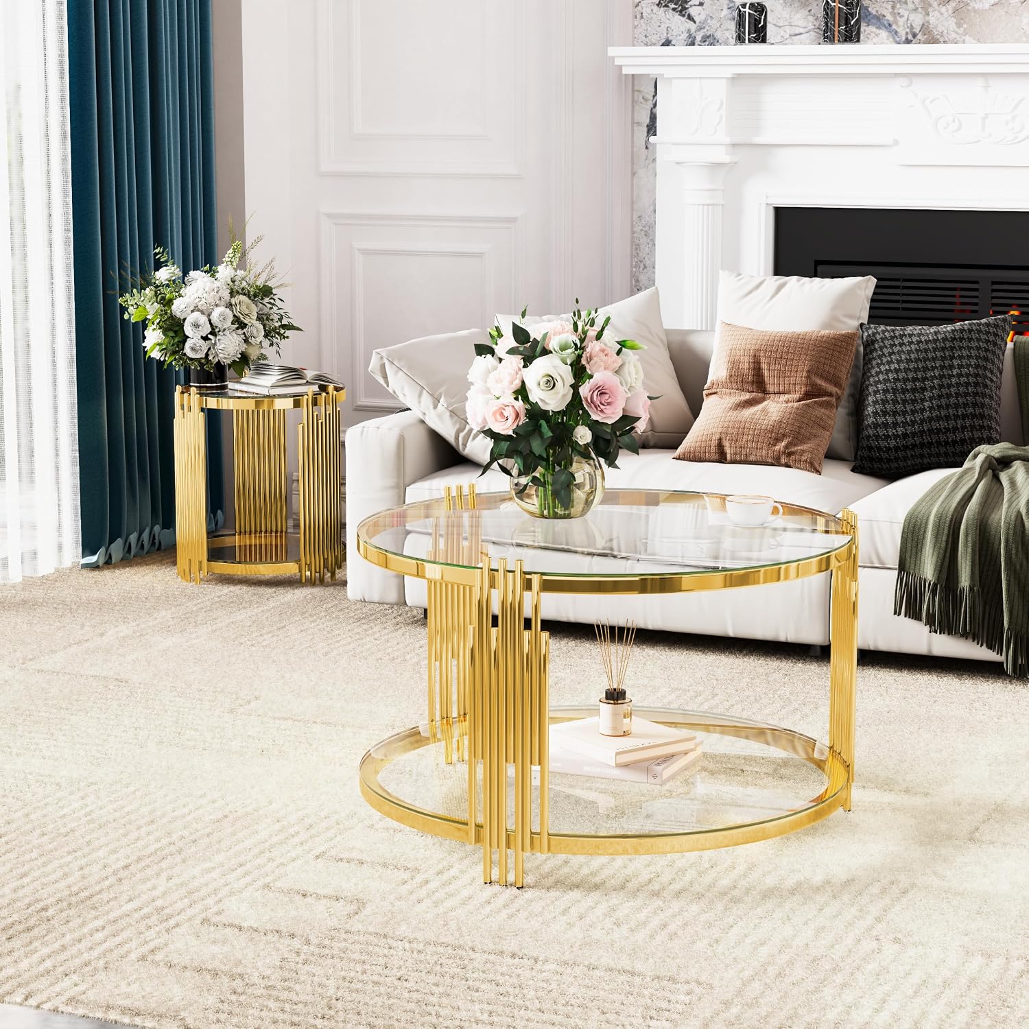31.5'' Tempered Glass Round Coffee Table for Living Room, 2-Tier Modern Circle Coffee Table, Transparent Mirror Tabletop & Metal Drum Base, Easy Assembly, Transparent & Gold