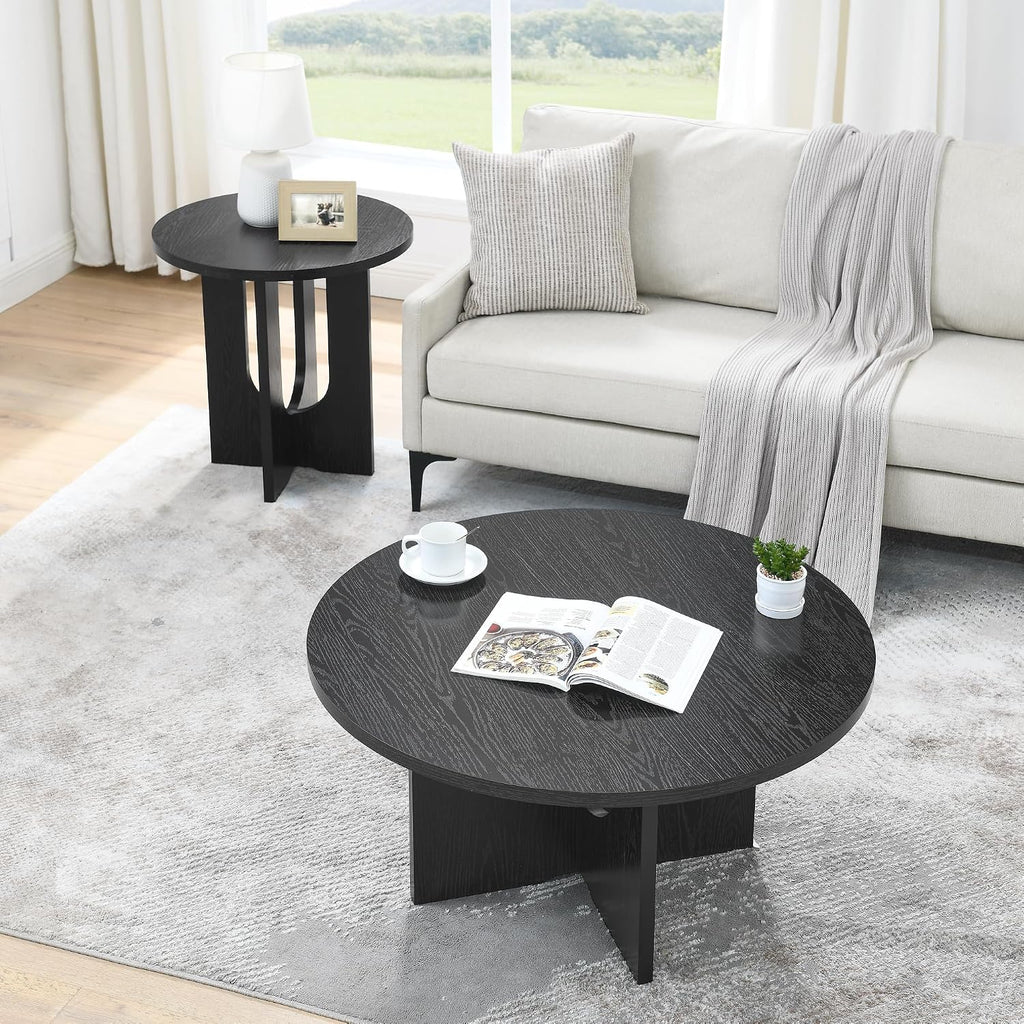 35.8' Black Round Coffee Table, Furniture Table,Modern Accent Table with Reverse Arch,Multi-Purpose Side Table, Veneer Finish End Table for Living Room,Bedroom,Office,and Small Spaces (Black,35.8')