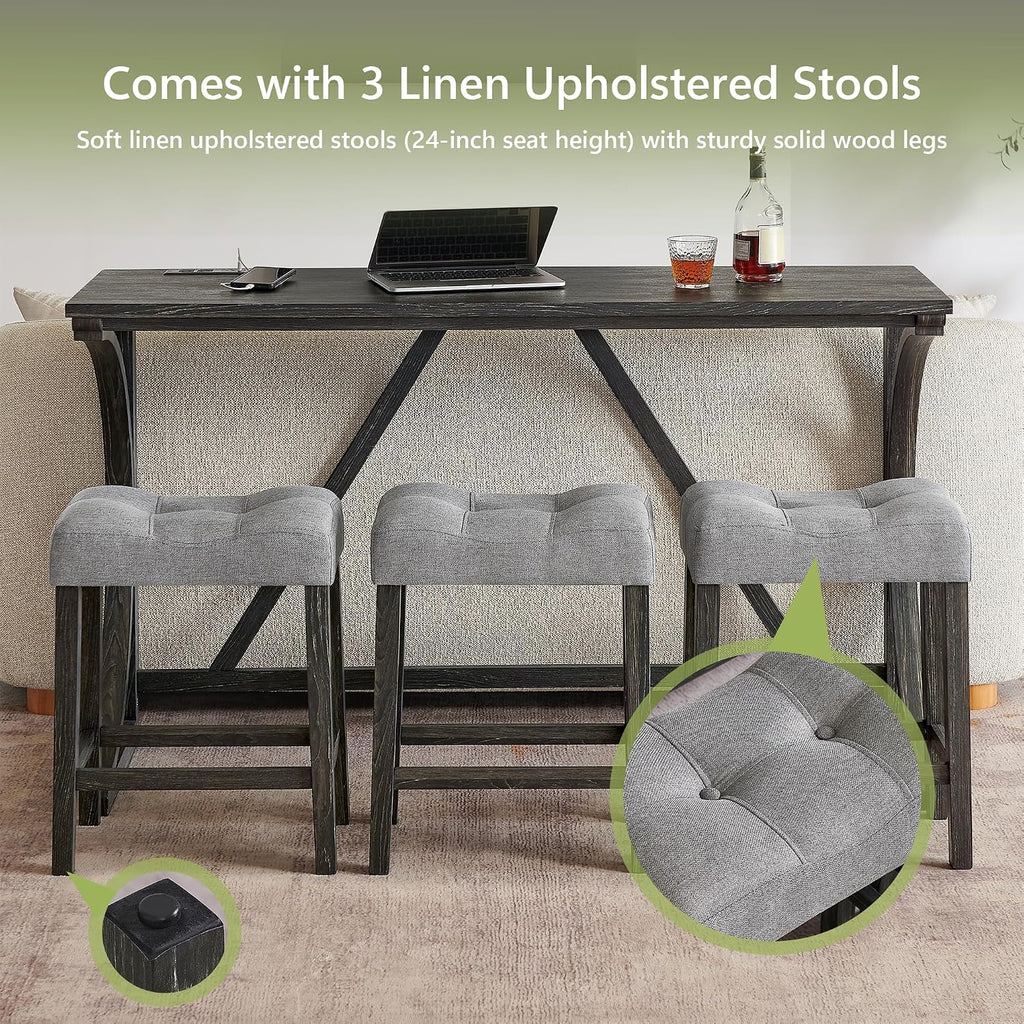 Merax 59 Inch Industrial Bar Table Set with Power Outlet, 3 Linen Upholstered Stools, Counter Height Table Set with 24 Inch Seat Height Stools for Kitchen, Living Room,Black+Light Gray