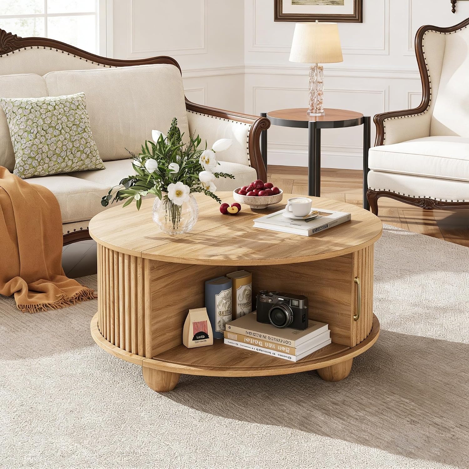 Round Coffee Table with Storage, Fluted Center Table with Sliding Tambour Door and Open Shelves, Mid Century Small Coffee Table for Living Room, Small Space, Natural