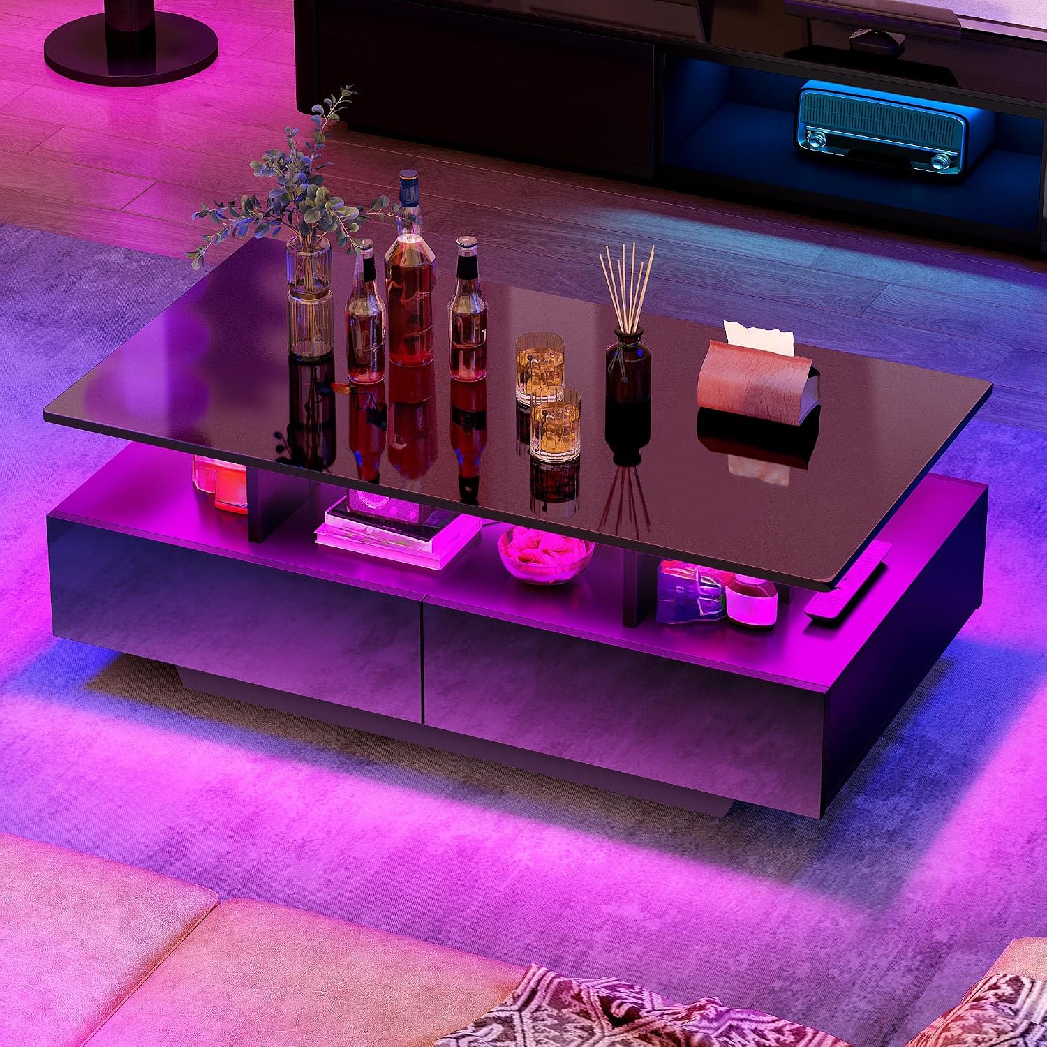 YITAHOME LED Coffee Table with Storage, High Glossy LED Coffee Tables for Living Room, Modern Black Rectangle Coffe Table, Small Center Table with Open Display Shelf & 4 Sliding Drawers, Glossy Black