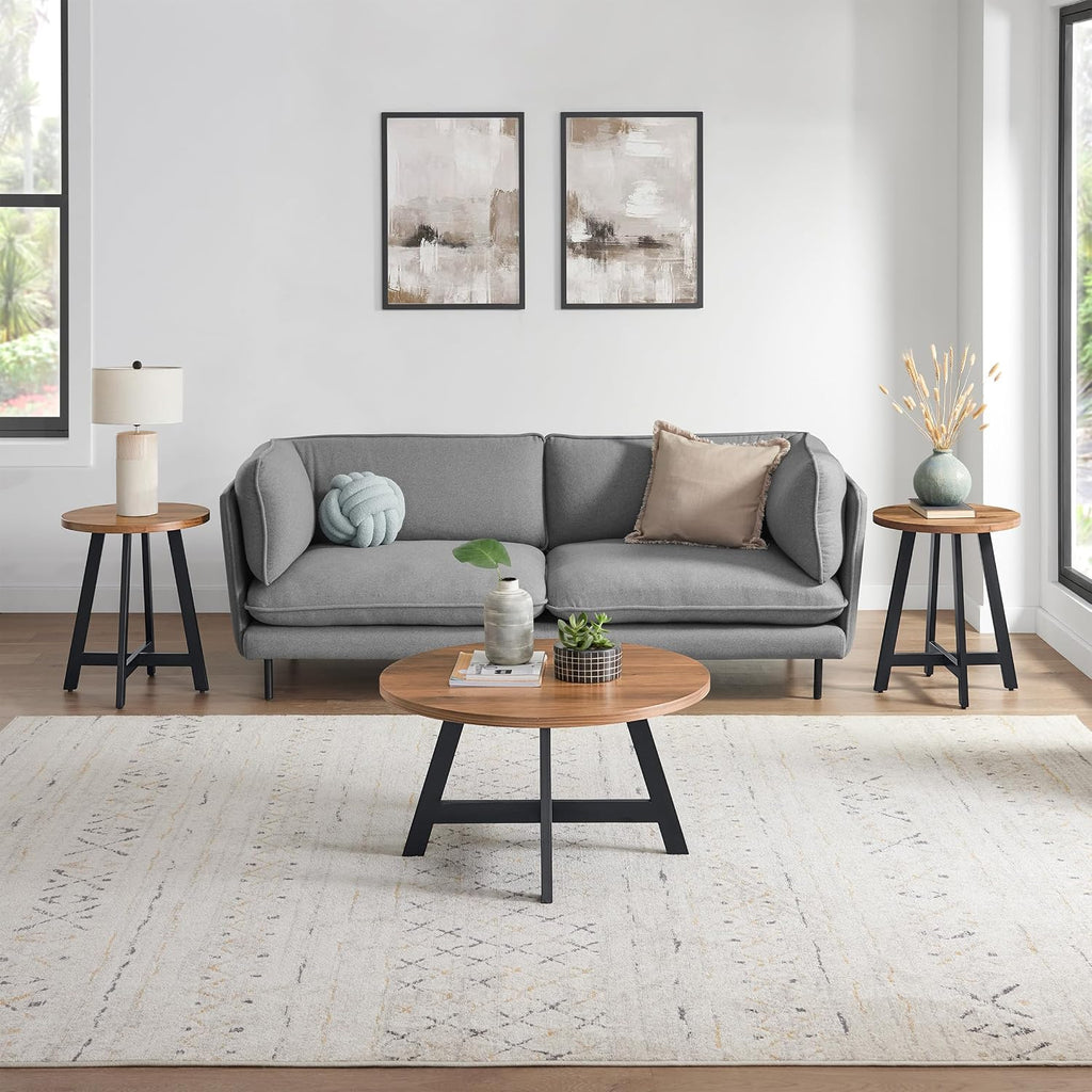 Lavish Home 3-Piece Coffee Table Set - Industrial Modern Round Coffee Table and 2 Side Tables - for Living Room, Apartment, or Dorm Room (Walnut)