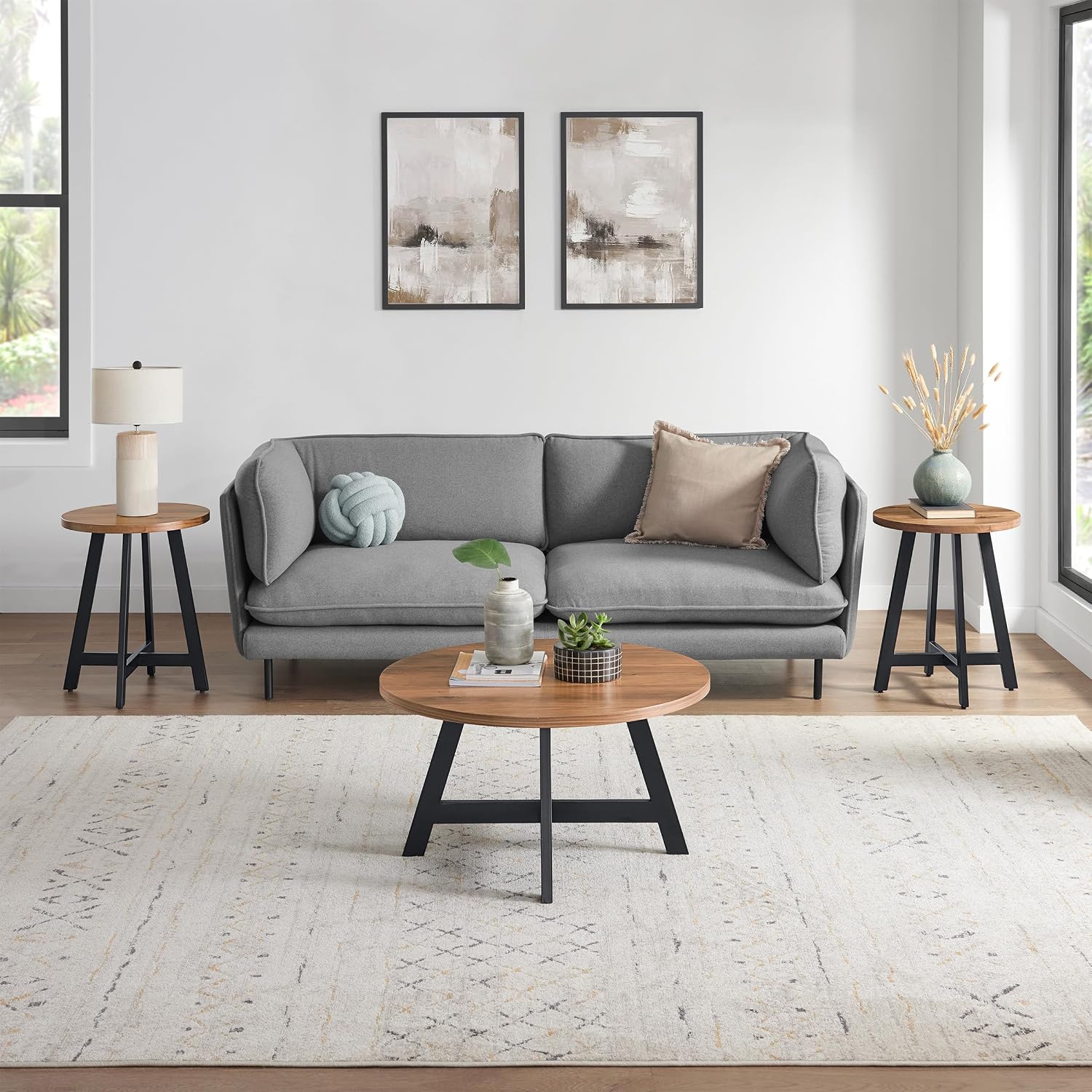 Lavish Home 3-Piece Coffee Table Set - Industrial Modern Round Coffee Table and 2 Side Tables - for Living Room, Apartment, or Dorm Room (Walnut)