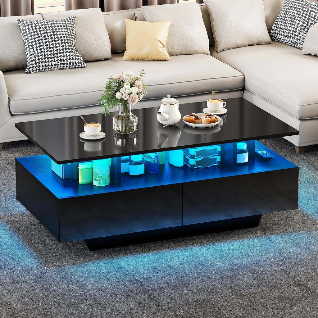 YITAHOME LED Coffee Table with Storage, High Glossy LED Coffee Tables for Living Room, Modern Black Rectangle Coffe Table, Small Center Table with Open Display Shelf & 4 Sliding Drawers, Glossy Black