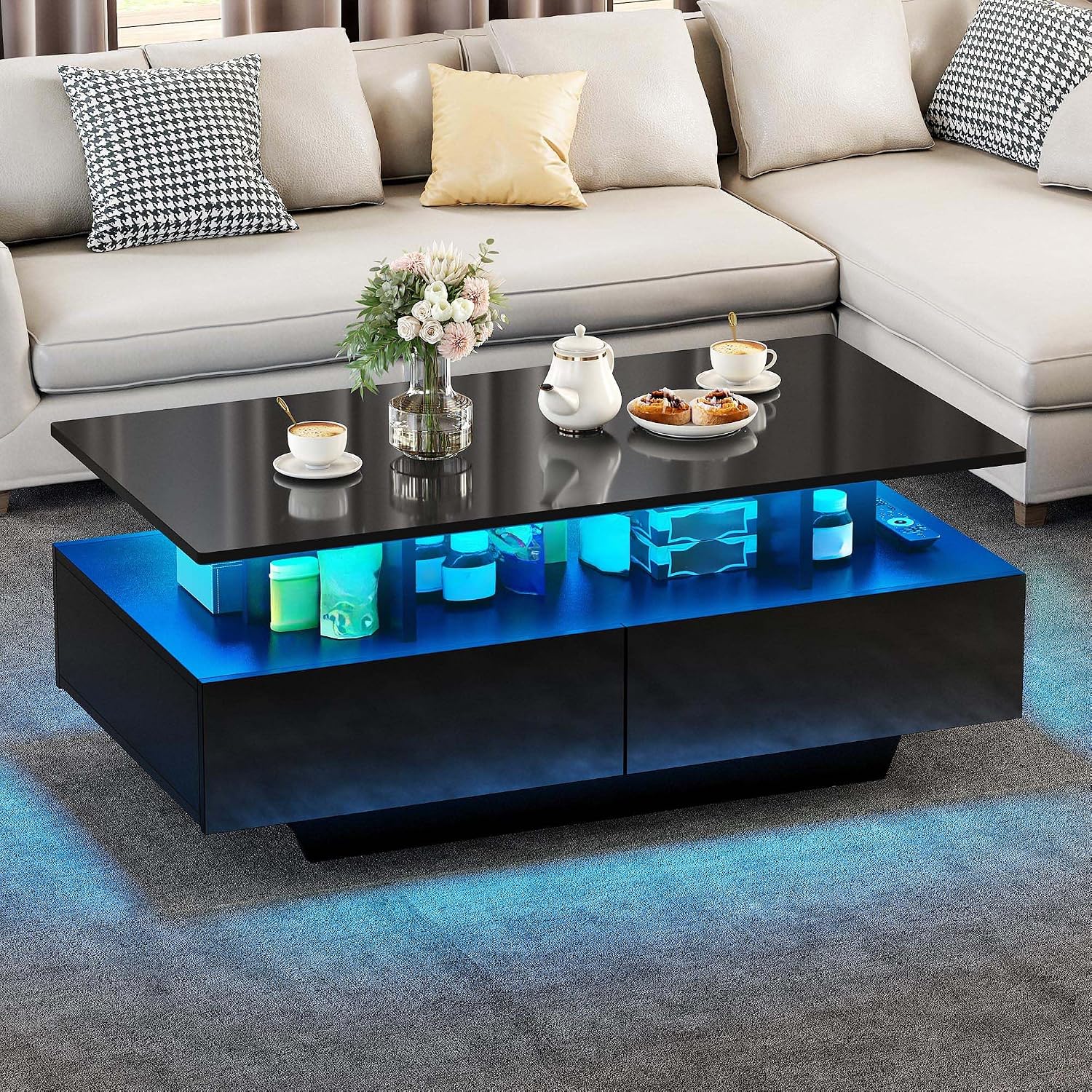 YITAHOME LED Coffee Table with Storage, High Glossy LED Coffee Tables for Living Room, Modern Black Rectangle Coffe Table, Small Center Table with Open Display Shelf & 4 Sliding Drawers, Glossy Black