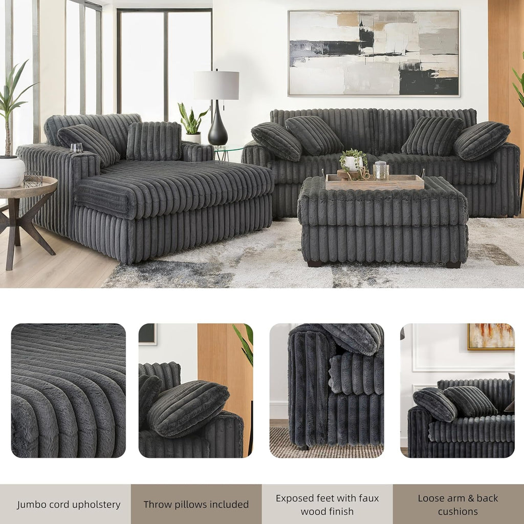 Roundhill Furniture Belvoir 3-Piece Living Room Set, Sofa Cuddle Chaise and Ottoman, Charcoal