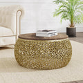 Christopher Knight Home Helast Aluminium Coffee Table with Round Mango Wooden Top, 27.5'' W Modern Indoor Accent Table for Living Room Bedroom Home Office, Abstract Hollow Frame, Gold
