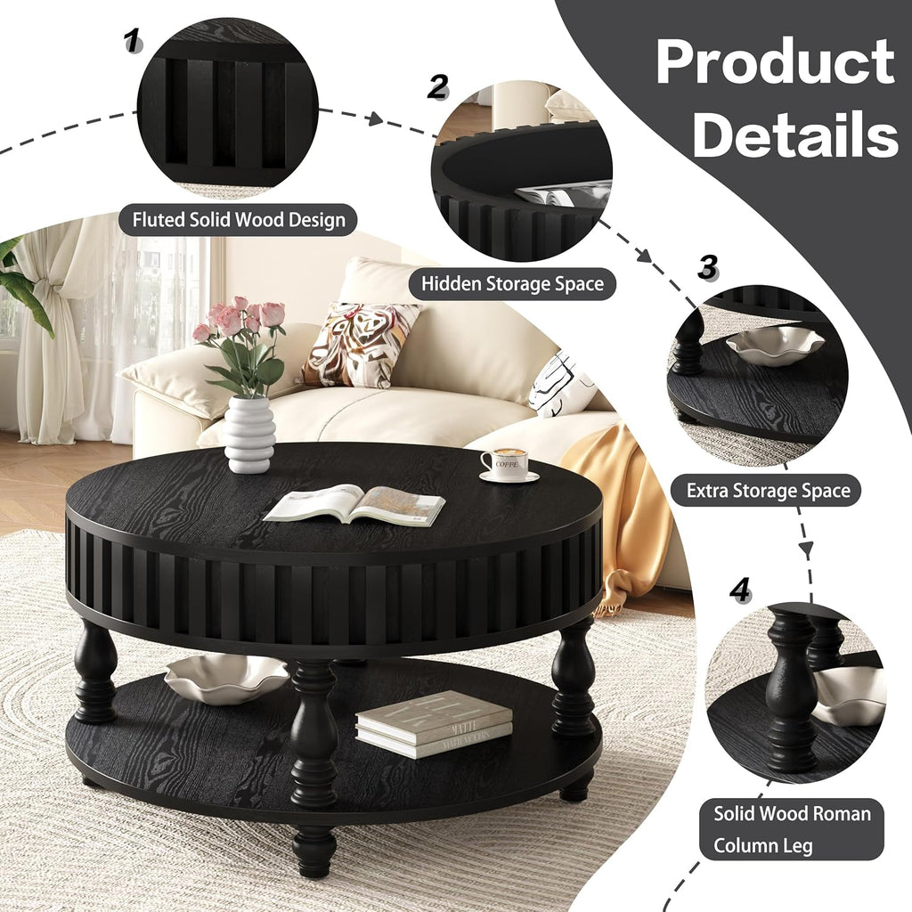 31.49'' Round Coffee Table with Storage Space, 2-Tier Modern Rustic Wood Circle Fluted Coffee Table for Living Room, Moveable Table Top & Easy Assembly, Black