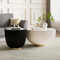 Modern Coffee Table Set, Round Drum Coffee Table with Sintered Stone Top, PU Leather Cover and Metal Base, White and Black Living Room Table Set, 29.53' & 19.7'