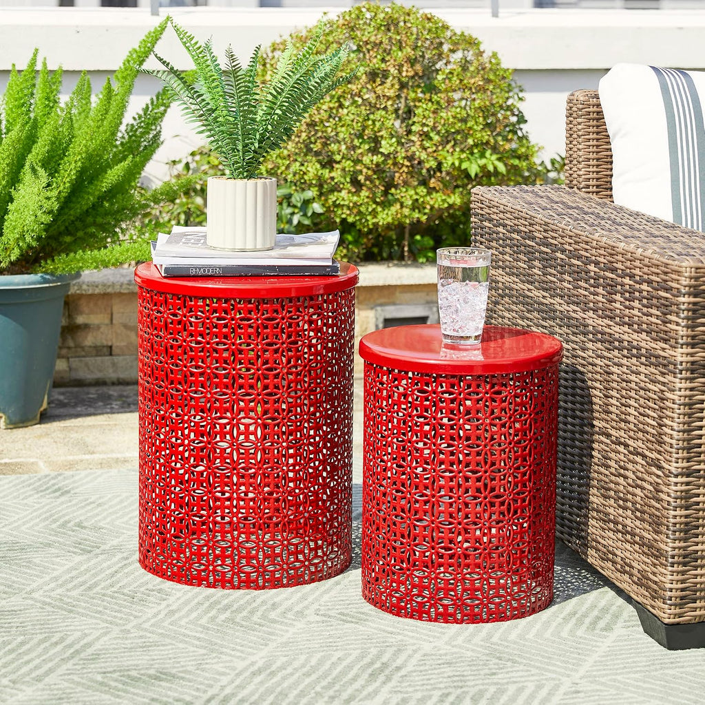 Glitzhome Accent Tables Living Room Set of 2, Round Metal Side End Table, Small Circle Coffee Bedside Table, Planter Stand for Couch Nightstand Bedroom Patio Backyard, Glossy Red