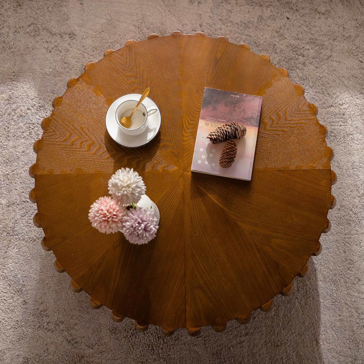 38.58'' Round Drum Coffee Table, Modern Mid-Century Circle Fluted Wood Coffee Table for Living Room, Sturdy Pedestal & No Assembly, Walnut
