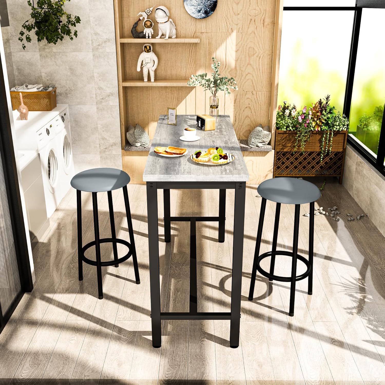 AWQM 39.3' Bar Table Set of 2,Faux Marble Pub Height Table and Chairs Set of 2 with Upholstered Stools,3 Piece Bar Table and Chairs Set Dining Table Set for Living Room,Kitchen,Bar,Grey