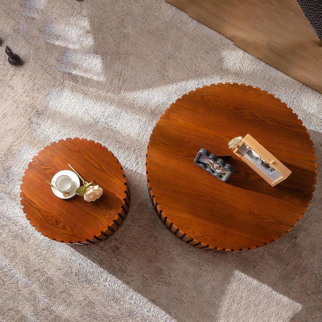 KEVINSPACE Nesting Coffee Table Set of 2 Circle CoffeeTable Modern NestingTables for Living Room Round Fluted Wooden CoffeeTabl No Need Assembly for Bedroom Balcony Lounge 47.25' Walnut