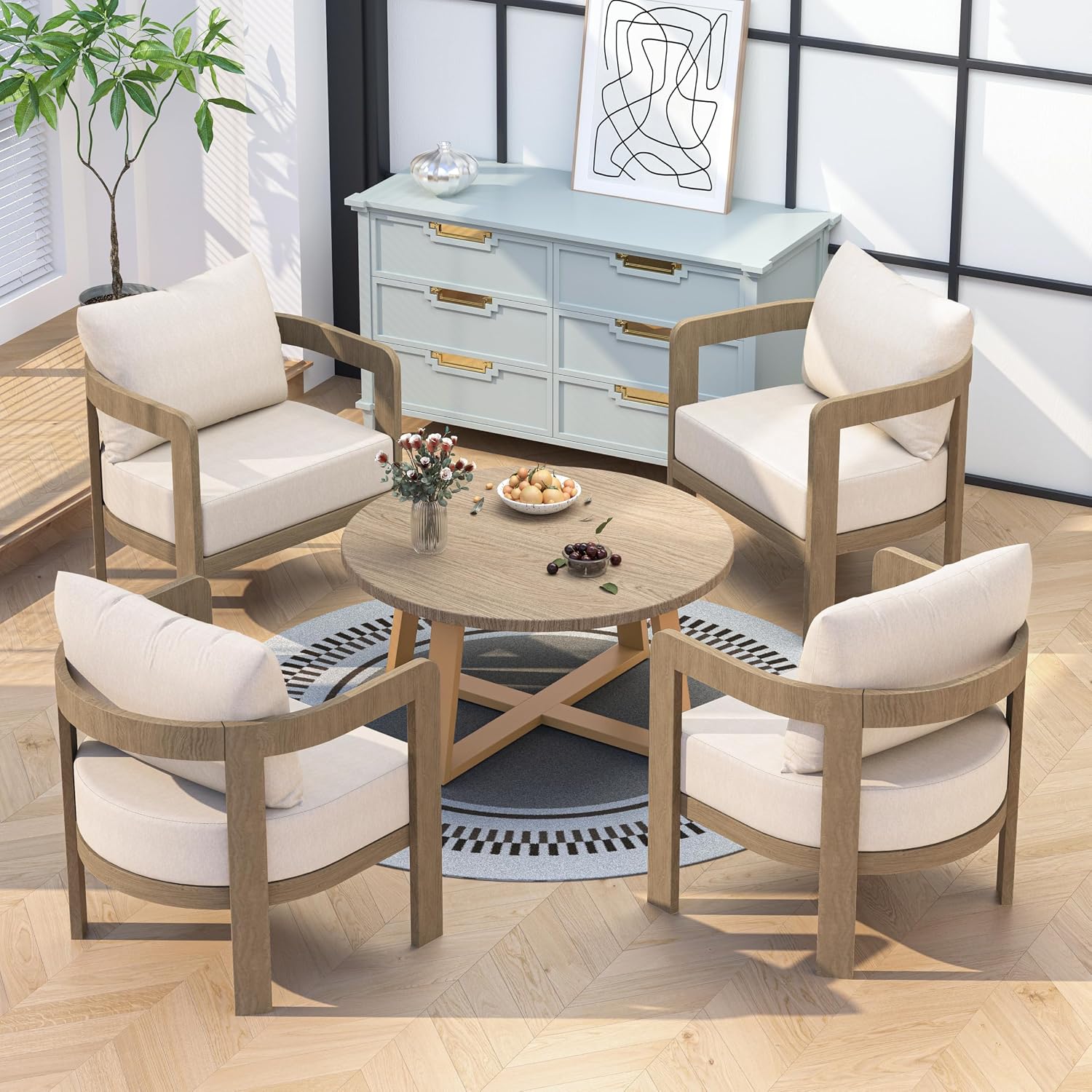 Outdoor Patio Furniture Set, 5 Pieces Modern Metal Patio Conversation Set with 6' Thick Cushions, Outdoor Lounge Sofa 350lbs for Backyard Porch Balcony, Beige
