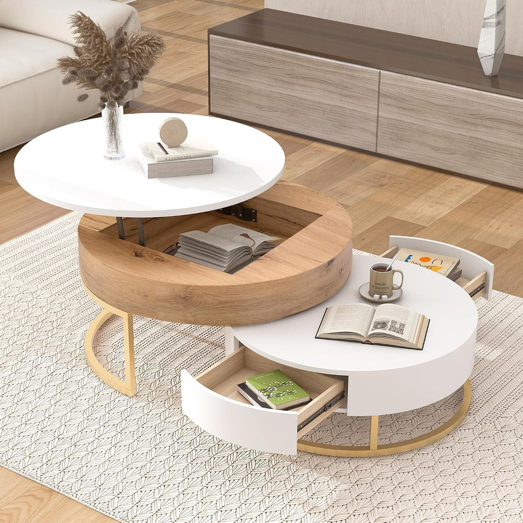Round Lift-Top Nesting Coffee Table Set of 2, Modern Coffee Table with 2 Storage Drawers, Circular Wood Center Table Set for Living Room, Apartment, White & Oak