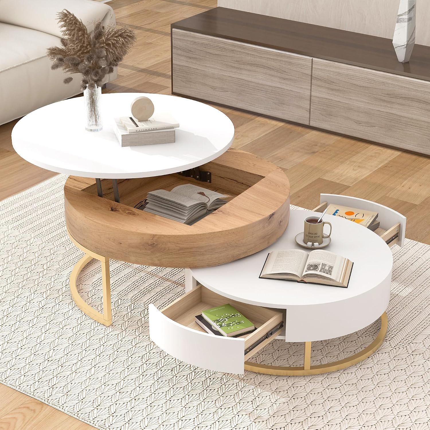 Round Lift-Top Nesting Coffee Table Set of 2, Modern Coffee Table with 2 Storage Drawers, Circular Wood Center Table Set for Living Room, Apartment, White & Oak
