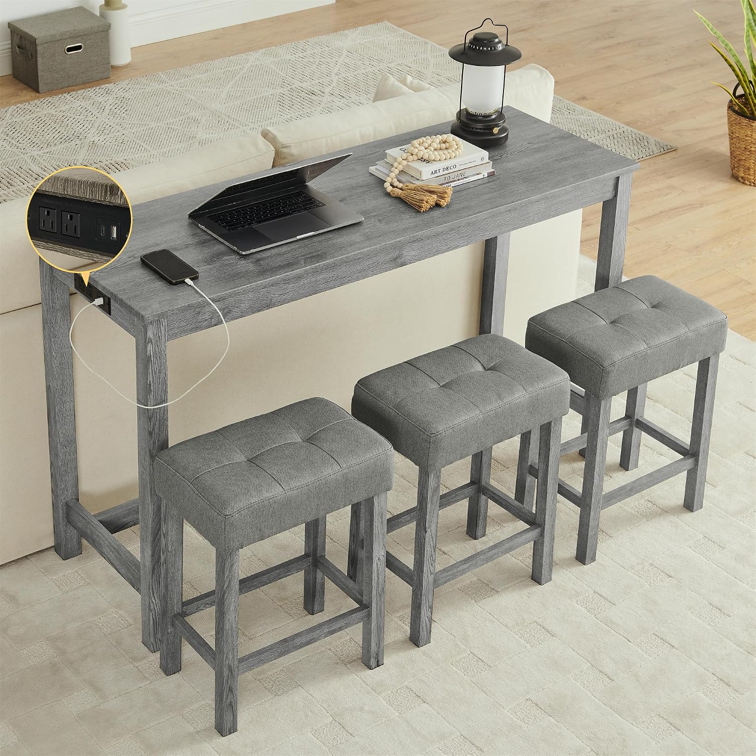 Merax 59' Bar Table Set with Power Outlet,Industrial Breakfast Table with 3 Upholstered Stools w/Footrest,4 Piece Counter Height Bar Table and Chair Set for Living Room,Dining Room,Kitchen,Grey