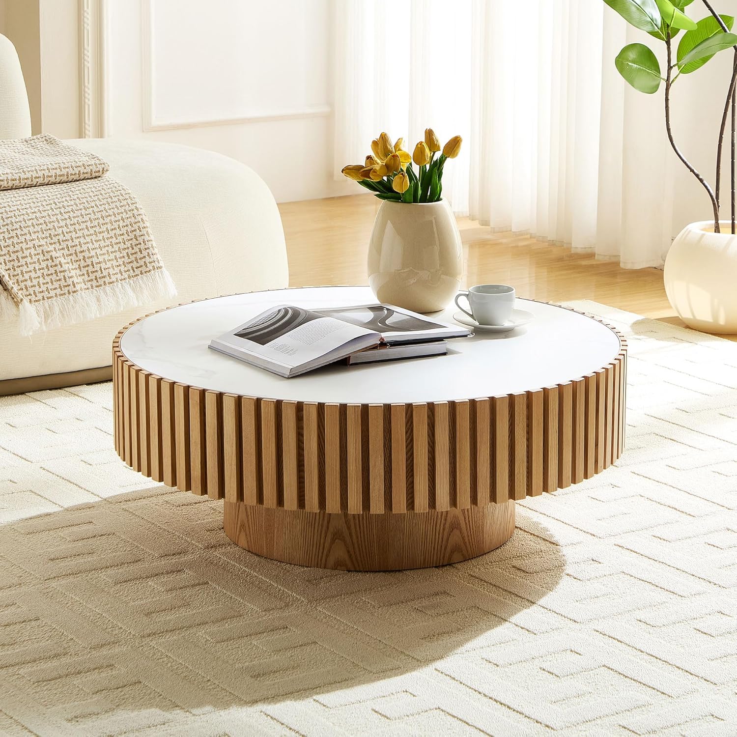 WILLIAMSPACE 35.43' Round Coffee Table with Sintered Stone Tabletop, Modern Farmhouse Wood Circle Drum Center Table for Living Room, Accent Side End Table for Apartment, 13.77' H (Oak+White)