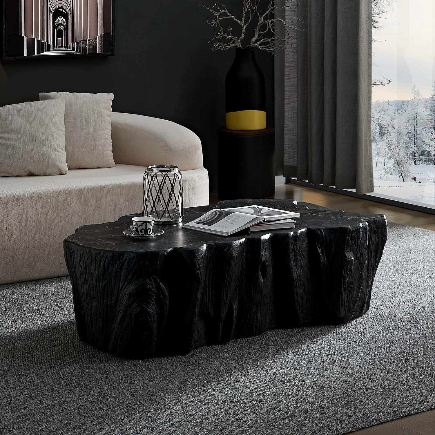 WILLIAMSPACE 48.62' Irregular Coffee Table with Tree Root Design for Living Room, Modern Luxury Fiberglass Center Table with Unique Shape, Accent End Tea Table for Apartment, No Need Assembly (Black)