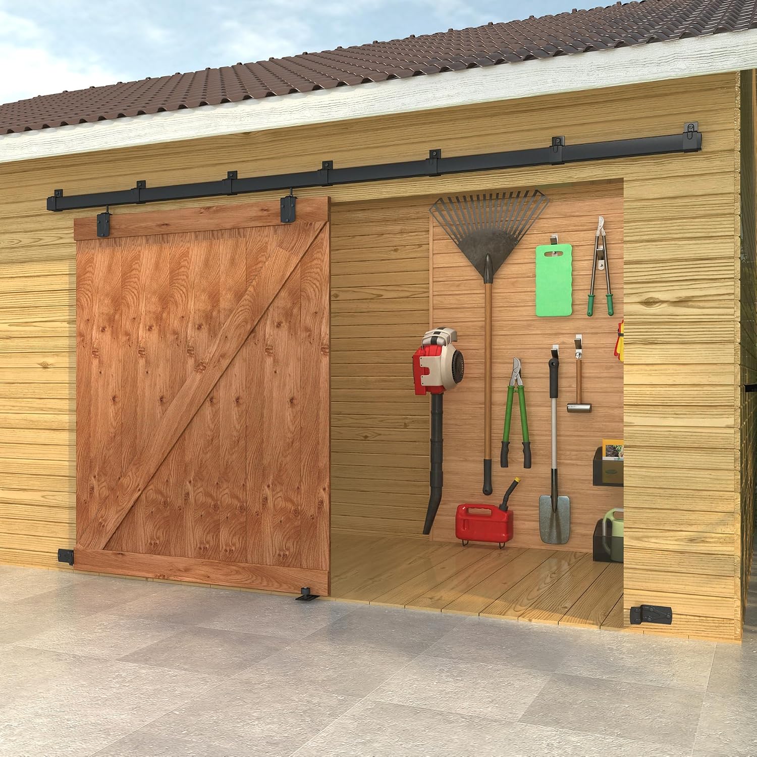 12FT Black Box Rail Exterior Barn Door Hardware Kit, Sliding Heavy Duty Barn Door Track, Wall Mount Barn Door Hardware with 5 Track Brackets(Doors NOT Include）