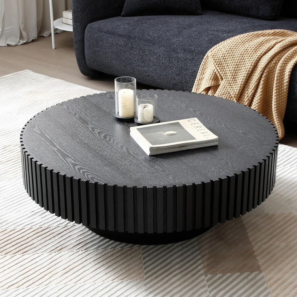 31.49'' Black Round Coffee Table for Living Room, Modern Wood Nesting Coffee Table Handcraft Circle Fluted Drum Coffee Table, Easy Assembly,Black