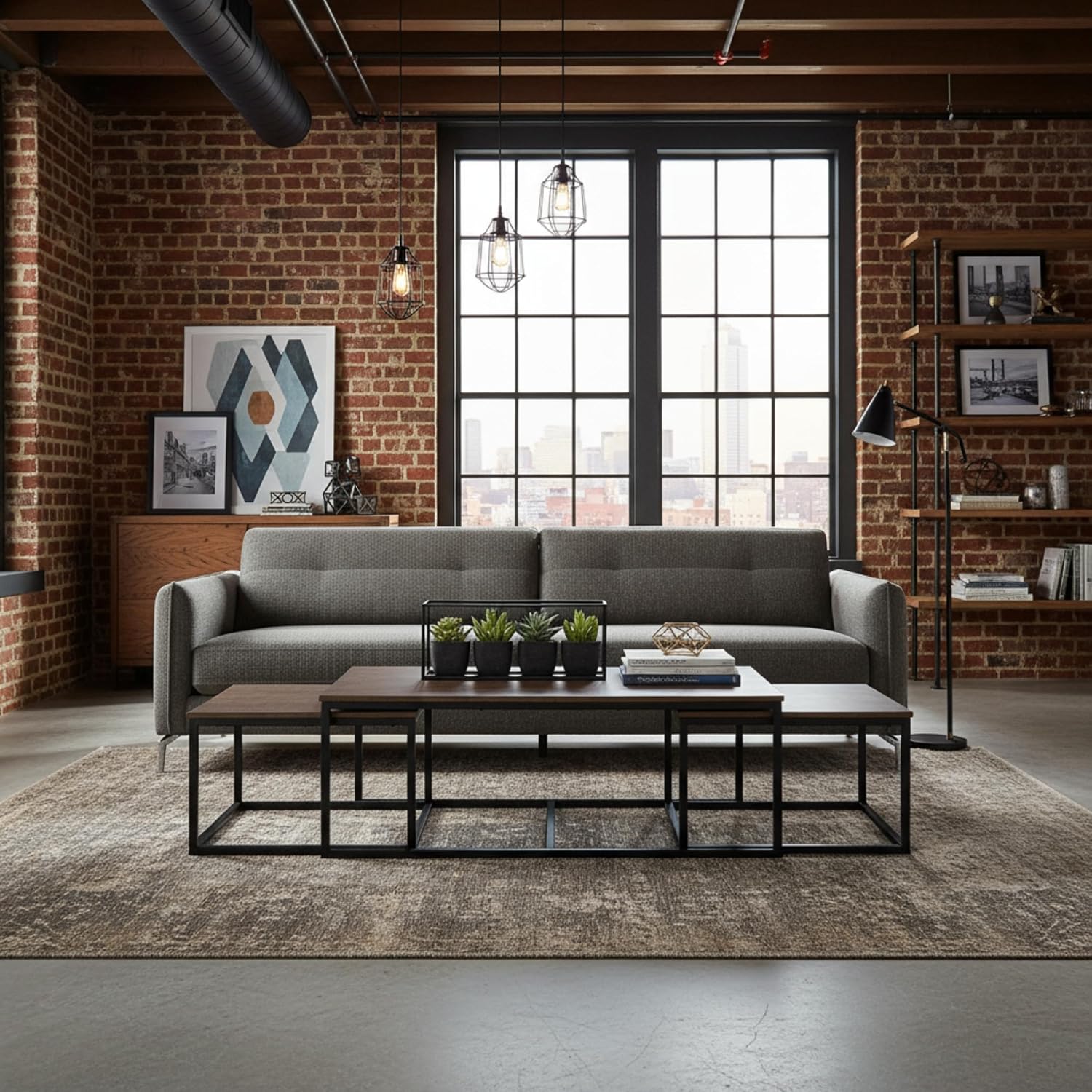 Arcadia 3-Piece Nesting Coffee Table Set – 54' Large Table with Two 26' Small Tables – Industrial Farmhouse Style with Solid Acacia Wood & Metal Sled Legs by Alaterre Furniture (Antiqued Mocha)