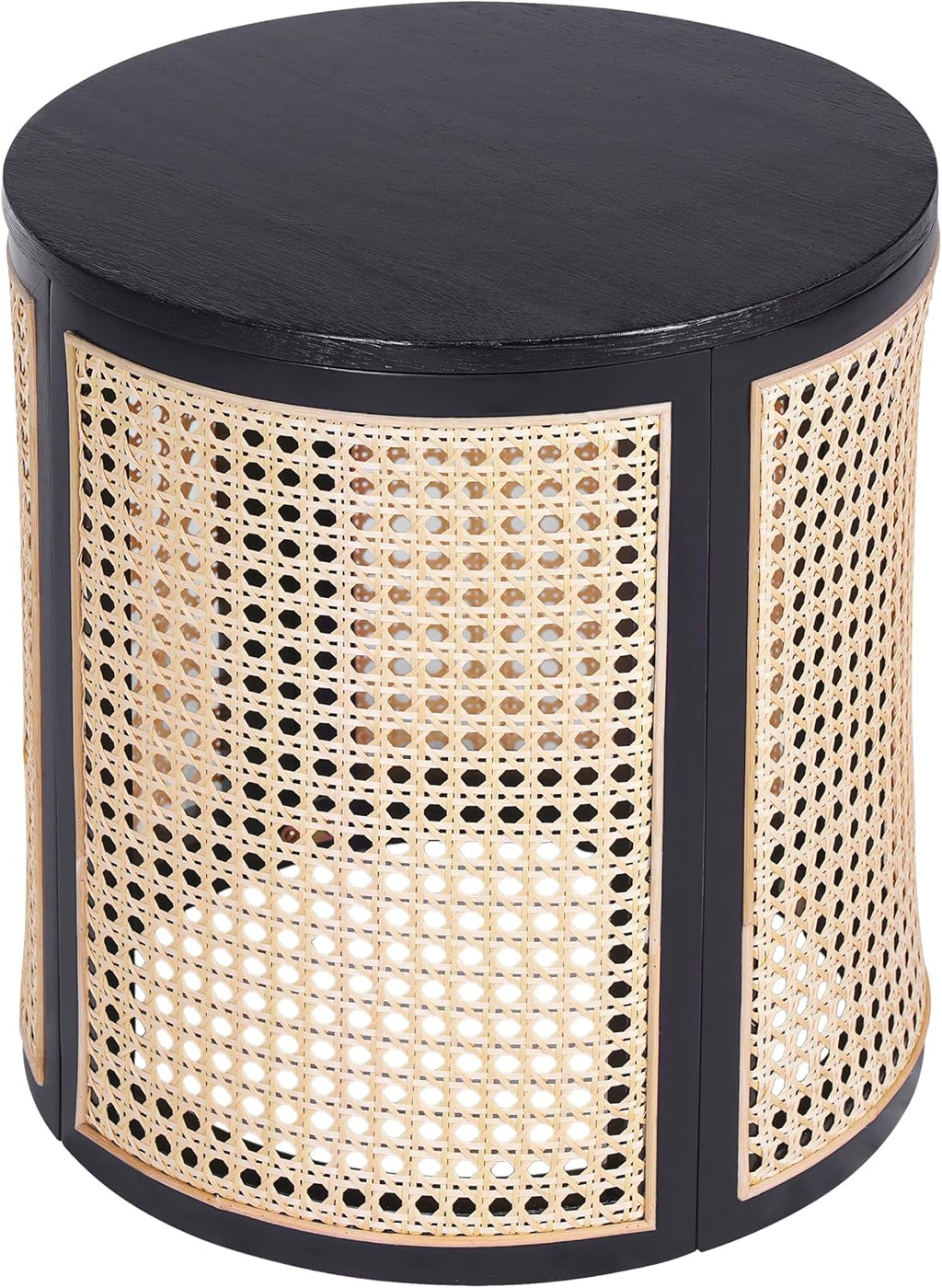 Christopher Knight Home Aurl Lift Top Round End Table with Storage, Modern Side Table with Woven Rattan Details, Wooden Small Coffee Table for Living Room, Round Storage Ottoman, Black