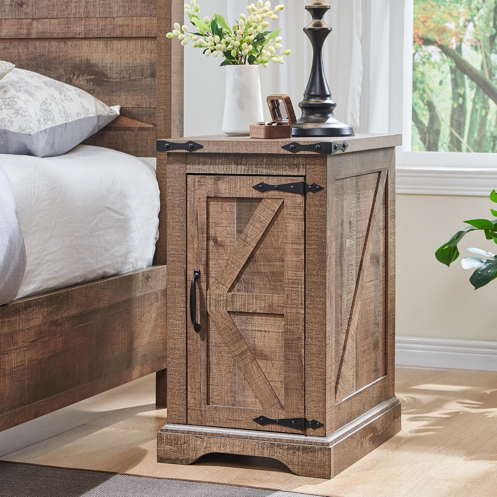 JXQTLINGMU Farmhouse Nightstand Set of 2 with Charging Station, 17'D Rectangular End Table with Barn Door & Adjustable Storage Shelf, Wood Rustic Sofa Side Table for Living Room, Bedroom, Light Brown
