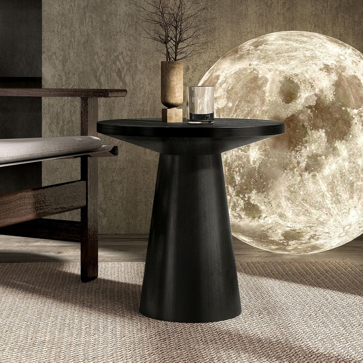 Furniture of America Crambel Modern Solid Wood 20-inch Round End Table with Cone-Shaped Pedestal Base, Living Room Furniture for Small Space, Home Office, Black