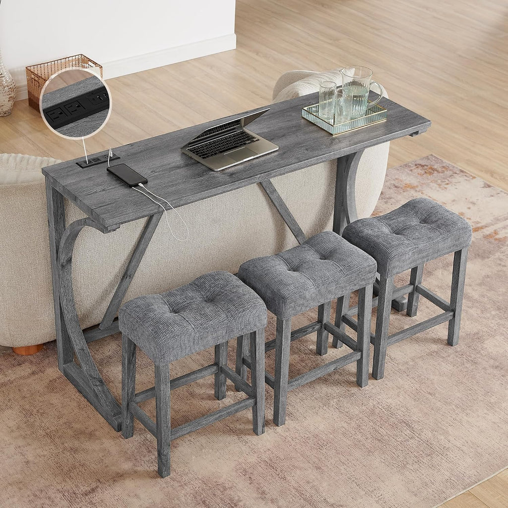 Merax 59 Inch Industrial Bar Table Set with Power Outlet, 3 Linen Upholstered Stools, Counter Height Table Set with 24 Inch Seat Height Stools for Kitchen, Living Room,Grey+Gray