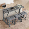 Merax 59 Inch Industrial Bar Table Set with Power Outlet, 3 Linen Upholstered Stools, Counter Height Table Set with 24 Inch Seat Height Stools for Kitchen, Living Room,Grey+Gray